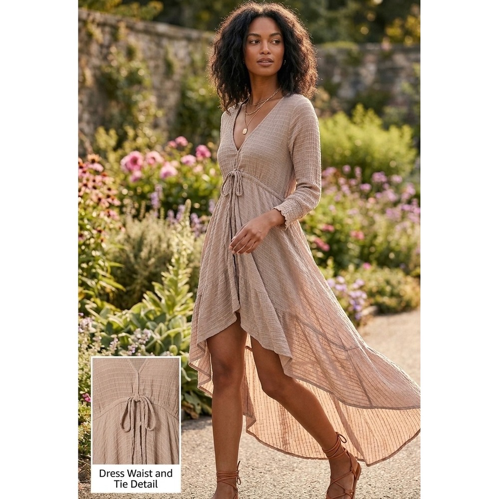 Venus High-Low Maxi Dress‎ Size 8 Tan Viscose Blend Boho Tie Front